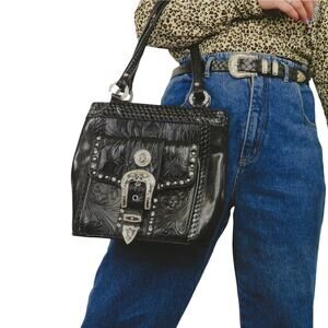 1990s Vintage Black Western Handbag Shoulderbag Silver Accents Retro